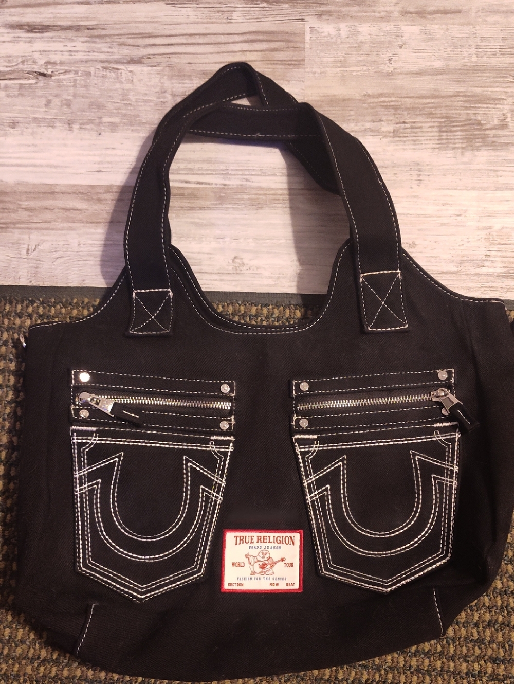 True Religion Black Canvas Tote with White Contrast Stitching